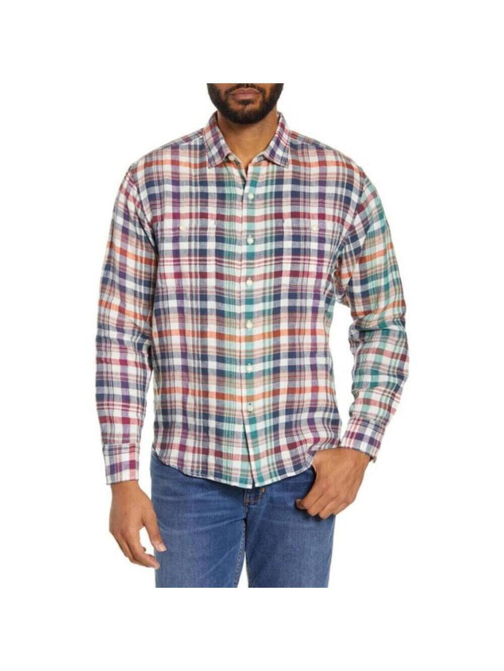 Tommy Bahama Men Large Plaid Linen Button Down Shirt NWT Long Sleeve Blue Green